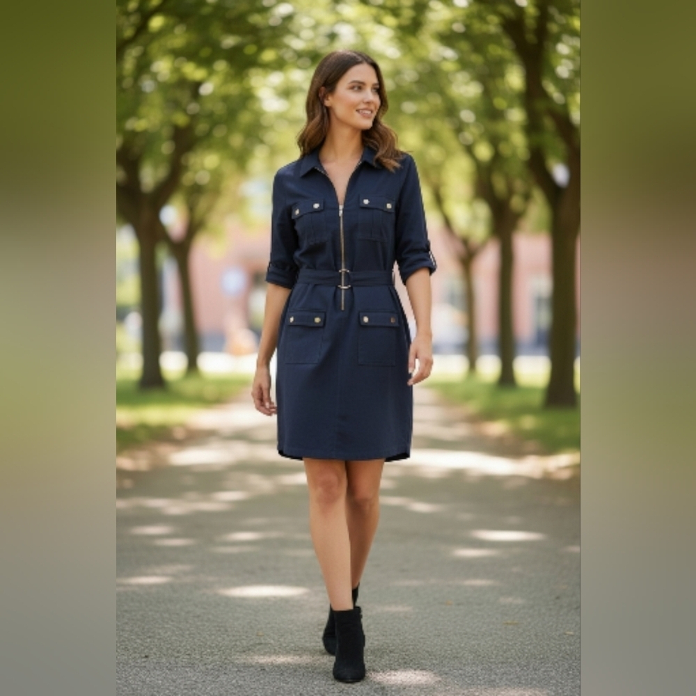 Sharagano Navy Midi Dress with Utility Pockets